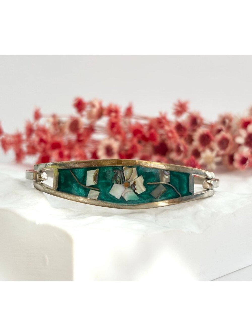 Southwest Style Abalone Floral Alpaca Silver Plated Mexican Bangle Bracelet